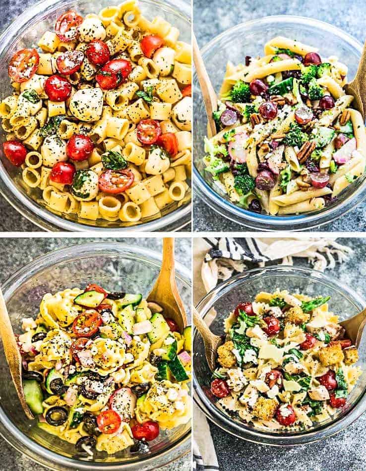 Collage of four different pasta salad varieties