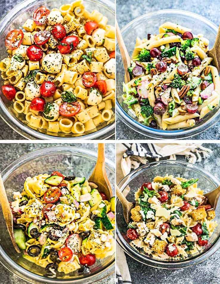 Collage of four varieties of pasta salads