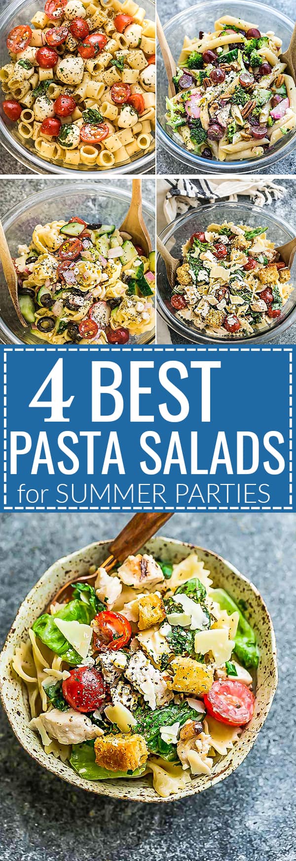 These are the Four Most Popular Pasta Salads that everyone looks for. Caprese, Chicken Caesar, Greek Tortellini and Broccoli Pasta Salad. They are the perfect side dish to bring to summer potlucks, parties, Memorial Day / Fourth of July grillouts/barbecues and picnics. Best of all, they are all so easy to make and easy to customize with an option for homemade dressing. Works great for Sunday meal prep and leftovers are delicious for school or work lunchboxes or lunchbowls.