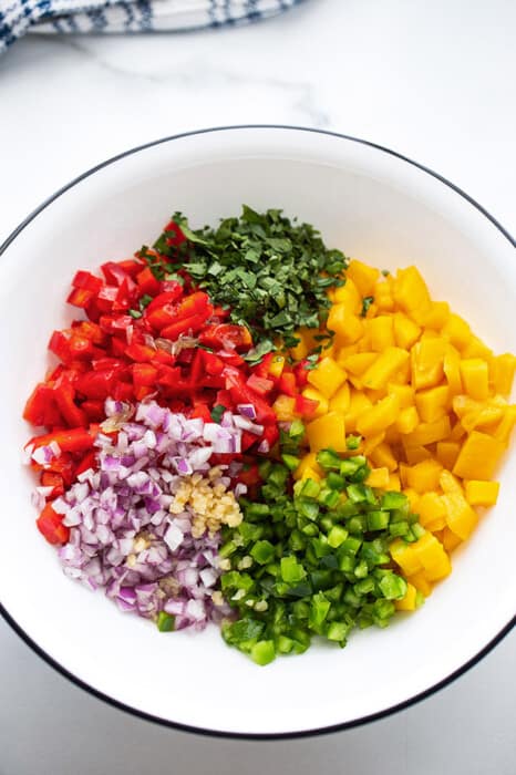 A bowl with ingredients to make peach salsa: diced peaches, cilantro, jalapeño, bell peppers, garlic and red onions