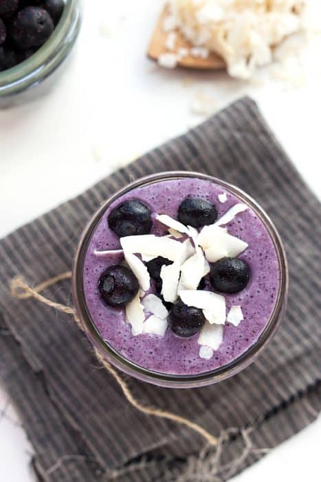 Overhead view of Blueberry Coconut Smoothie in a glass