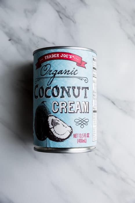 Top view of one can of coconut cream from Trader Joe's white background