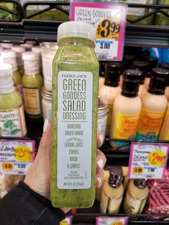 A bottle of Trader Joe's Green Goddess Salad dressing