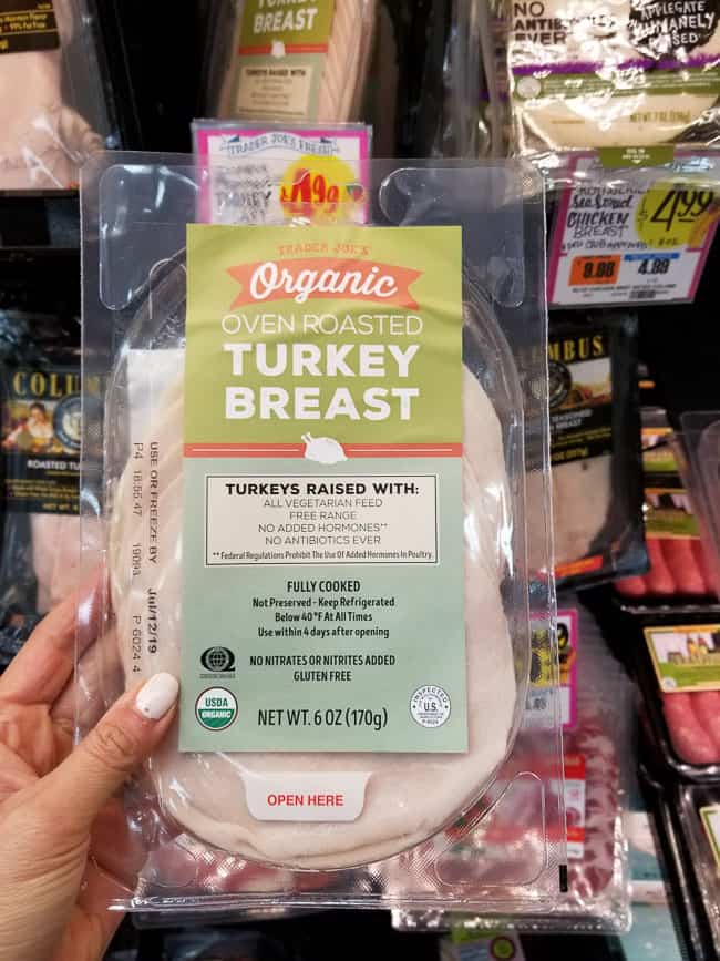 A package of Trader Joe's Organic Oven Roasted deli Turkey Breast