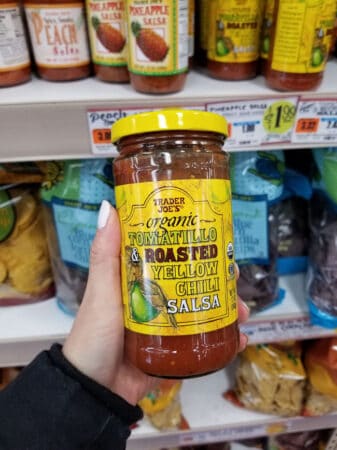 A jar of Organic Tomatillo & Roasted Yellow Chili Salsa