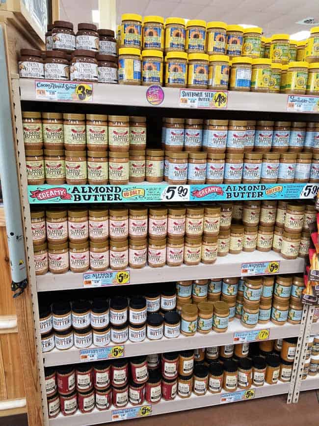 Shelves of nut butters at Trader Joe's