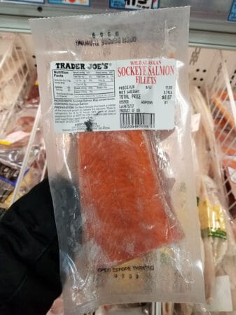 A package of Trader Joe's sockeye salmon fillets