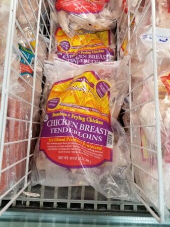 A package of Trader Joe's frozen chicken breast tenderloins