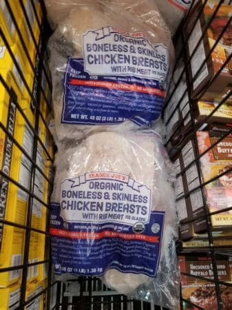 A package of Trader Joe's frozen chicken breasts