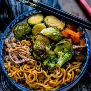 Turkey Ramen Noodle soup with brussels sprouts, broccoli, and carrots