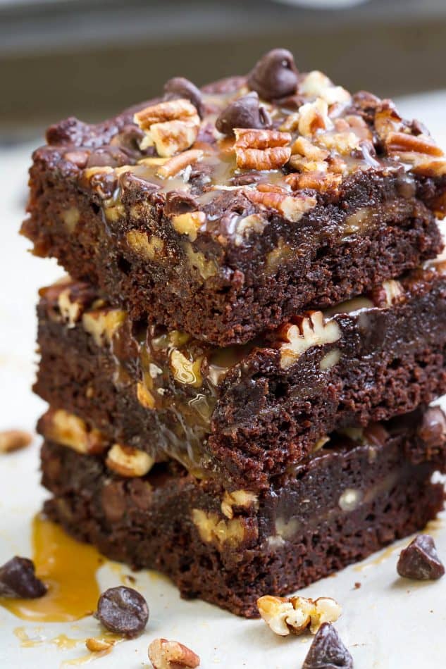 A stack of Paleo Turtle Brownies 