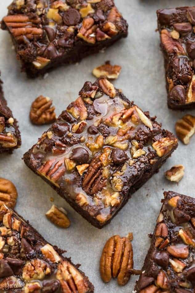 Top view of Paleo Turtle Brownies on parchment paper