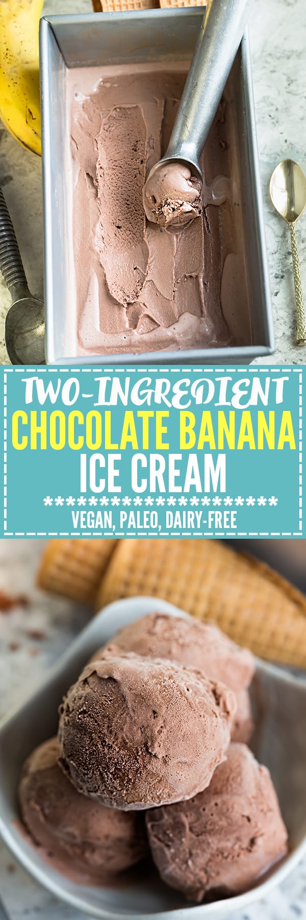 Two-Chocolate Banana Ice Cream makes the perfect healthy, paleo-friendly frozen treat! Best of all, no ice cream maker required!