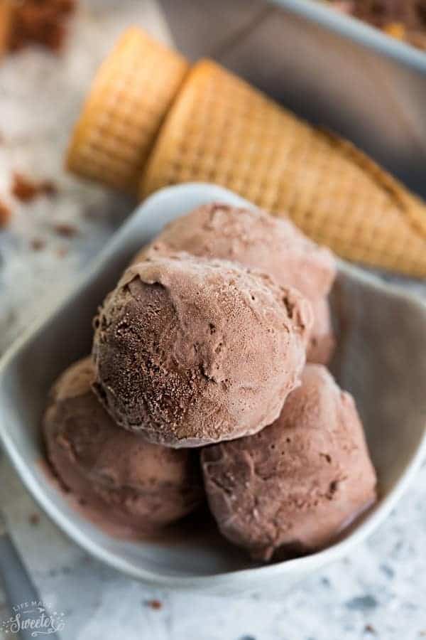 Overhead photo of Two-Ingredient Chocolate Banana Ice Cream in white bowl with ice cream cones in background.