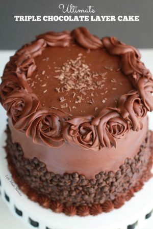 Ultimate Triple Chocolate Layer Cake - The best triple layer chocolate cake with the easiest milk chocolate frosting covered with mini chocolate chips.