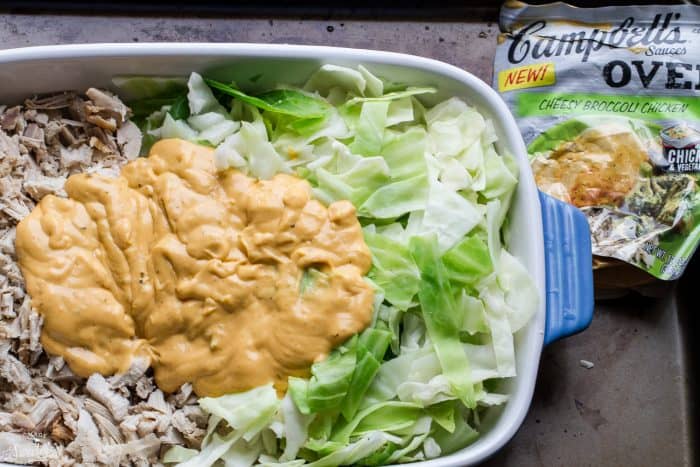Shredded turkey and cabbage in a baking dish topped with creamy sauce