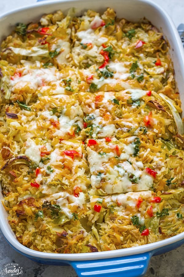 Overhead view of Unstuffed Cabbage Casserole in a baking dish