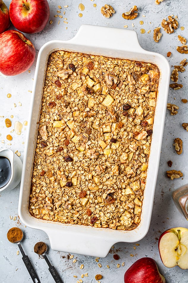 Apple Baked Oatmeal Batter in a white casserole pan