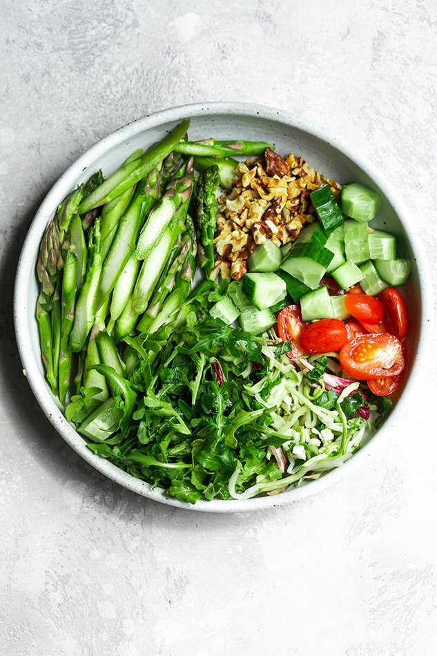 Overhead view of Vegan Asparagus salad in a bowl