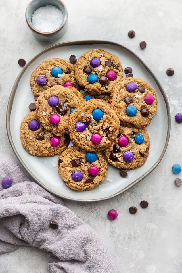 Overhead view of Vegan Easter Chocolate Chip Cookies on a white plate