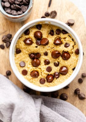 Top view of keto mug cake in a white mug