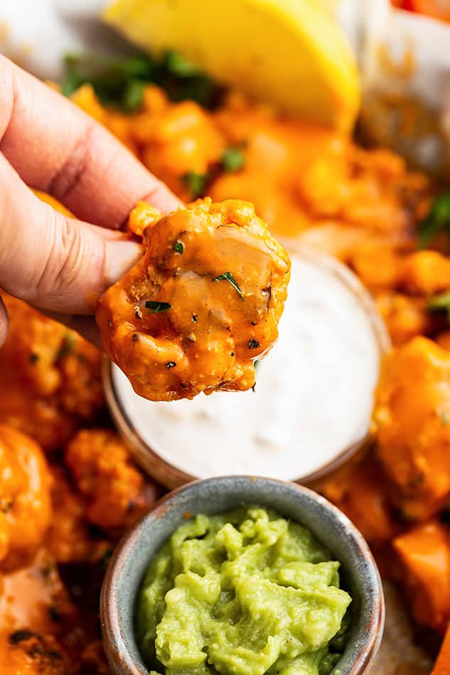 Close up image of vegan cauliflower wings perfect for Memorial Day.