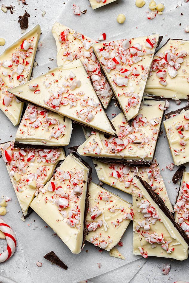 Overhead view of pieces of peppermint bark