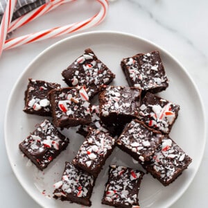 Top view of peppermint fudge squares on a white plate