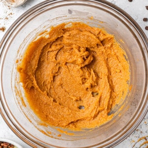 Overhead view of pumpkin puree in a bowl