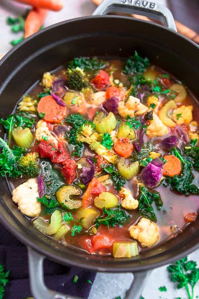 Vegetable Detox Soup - perfect for nourishing your body and getting back on track after the holidays. Best of all, this healthy one pot recipe is loaded with healthy vegetables and herbs. It's vegan, gluten free, refined sugar free, paleo, whole 30 and low carb (keto) friendly.