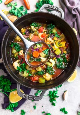Detox Vegetable Soup - perfect for nourishing your body and getting back on track after the holidays. Best of all, this healthy one pot recipe is loaded with healthy vegetables and herbs. It's vegan, gluten free, refined sugar free, paleo, whole 30 and low carb (keto) friendly.