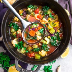 Detox Vegetable Soup - perfect for nourishing your body and getting back on track after the holidays. Best of all, this healthy one pot recipe is loaded with healthy vegetables and herbs. It's vegan, gluten free, refined sugar free, paleo, whole 30 and low carb (keto) friendly.