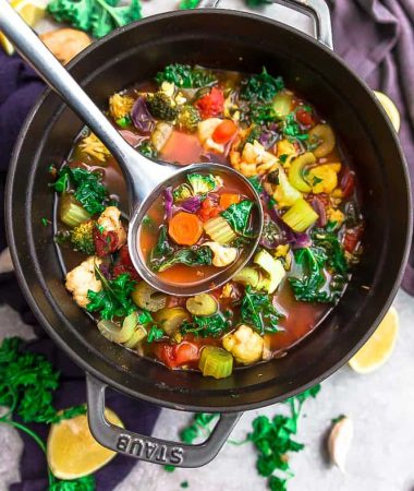 Detox Vegetable Soup - perfect for nourishing your body and getting back on track after the holidays. Best of all, this healthy one pot recipe is loaded with healthy vegetables and herbs. It's vegan, gluten free, refined sugar free, paleo, whole 30 and low carb (keto) friendly.
