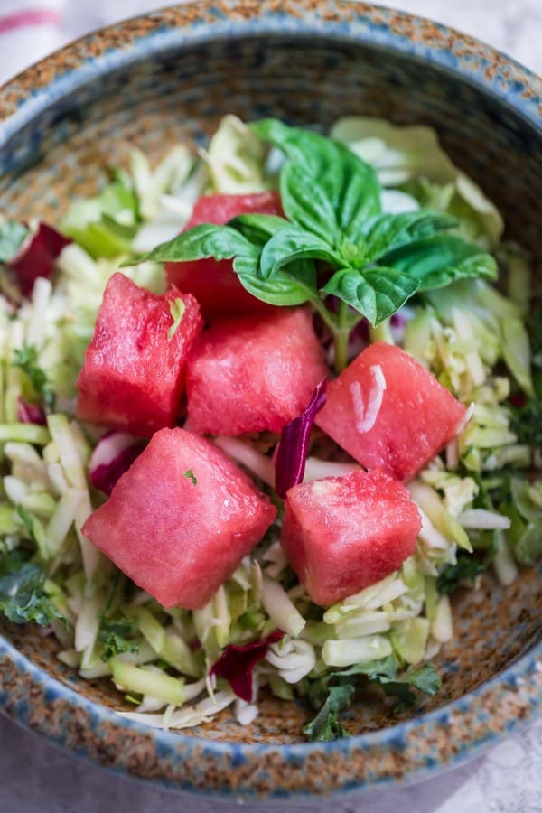 Watermelon Strawberry Basil Balsamic Salad makes the perfect ligth & healthy dish