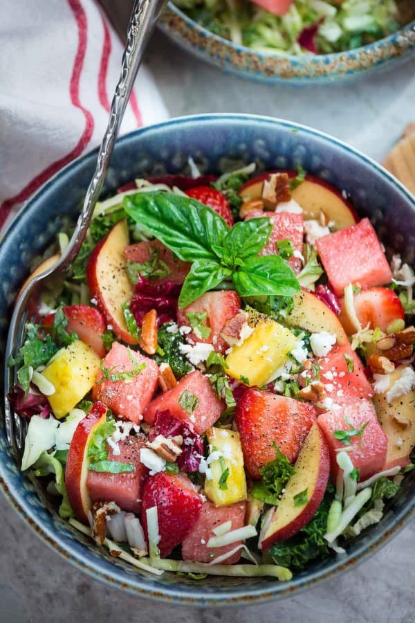 Watermelon Strawberry Basil Balsamic Salad makes the perfect healthy dish!!