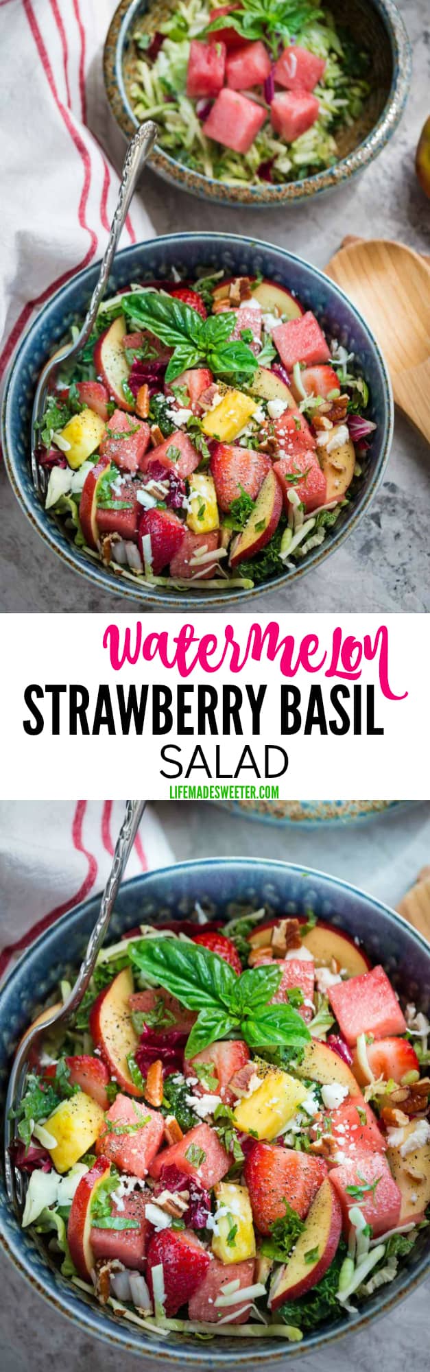 Watermelon Strawberry Basil Salad makes the perfect refreshing and healthy salad full of sweet strawberries, juicy peaches, tropical pineapple and healthy chopped kale and cabbage. Best of all, it's so easy to make and ready in just 15 minutes.