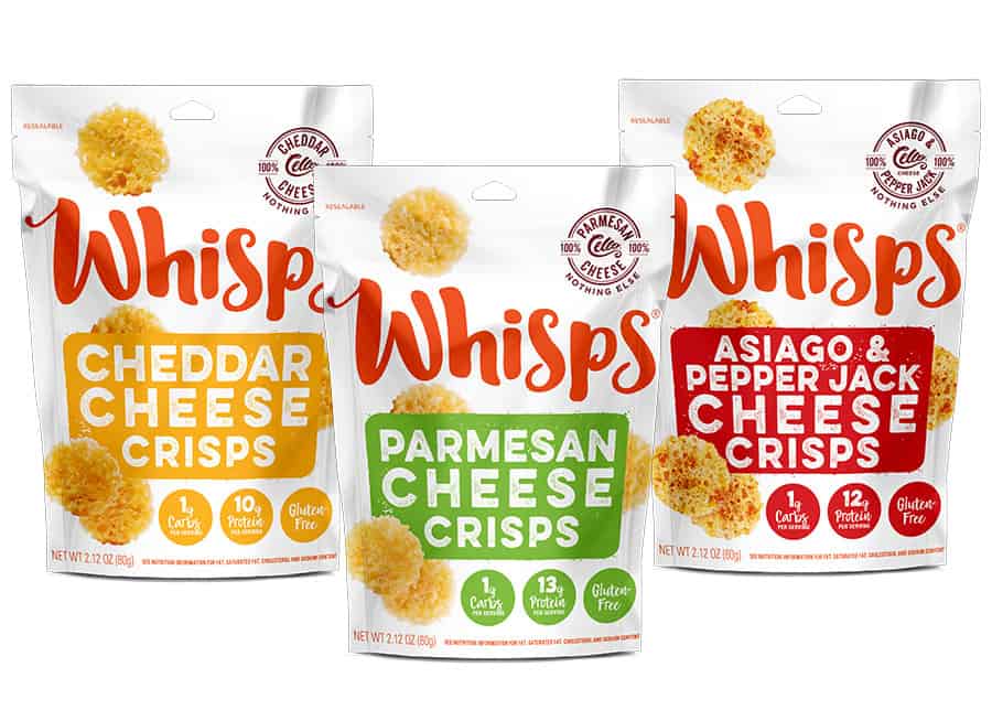 Three varieties of bags of Whisps cheese crisps