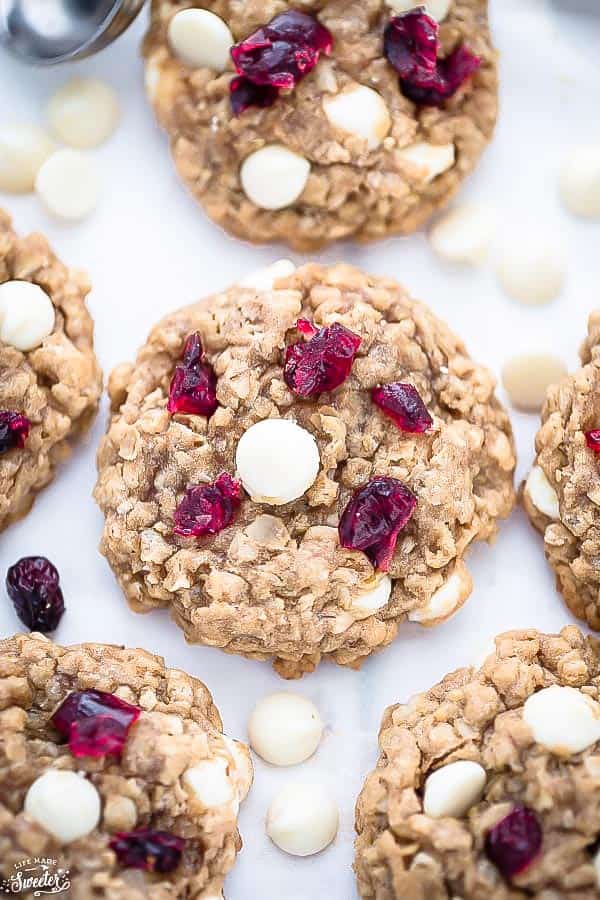 White Chocolate Cranberry Oatmeal Cookies are soft, chewy & perfect for the holidays!