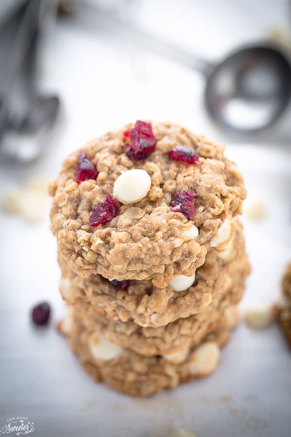 White Chocolate Cranberry Oatmeal Cookies are soft, chewy & perfect for the holidays!