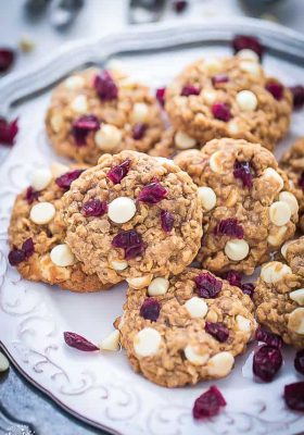 White Chocolate Cranberry Oatmeal Cookies are soft, chewy & perfect for the holidays!
