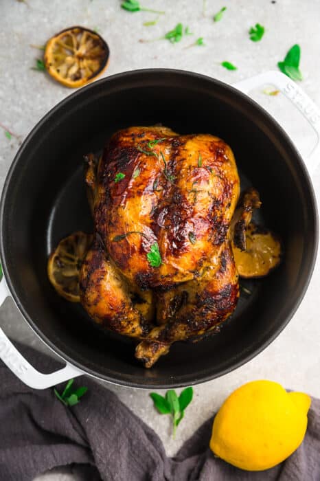 Top view of whole roast chicken in a white cast iron dutch oven