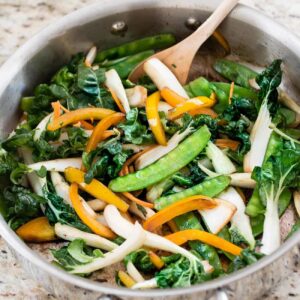 Top view of mixed vegetables for Low Carb Noodles in a stainless-steel pan