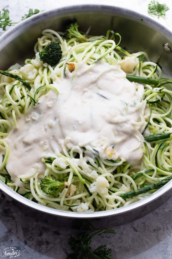 Cauliflower Alfredo Zoodles + Spring Vegetables Tasty Cauliflower Recipe
