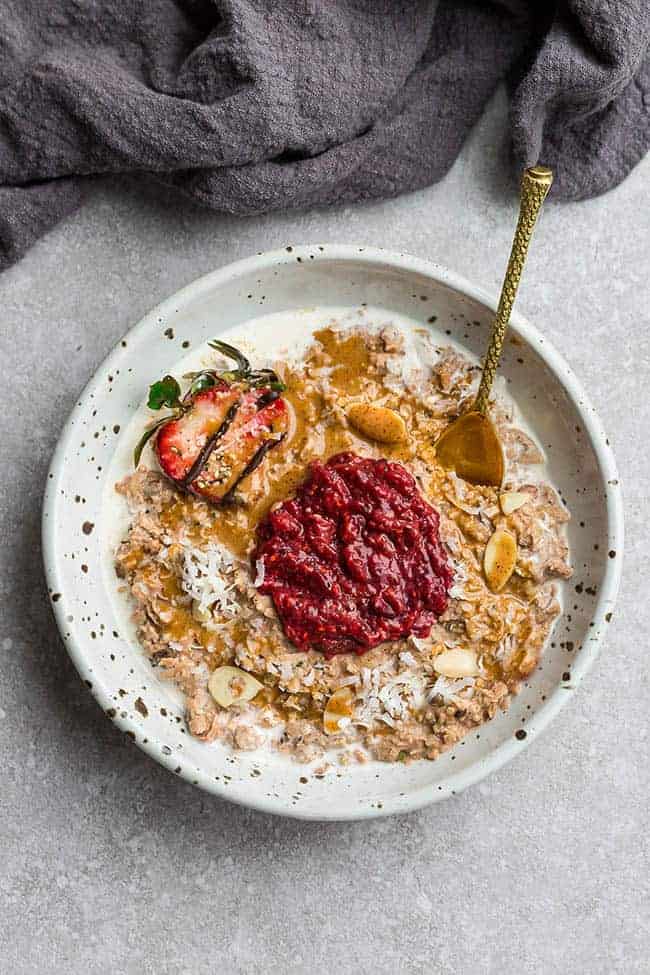 overhead image of oatmeal with peanut butter and strawberry