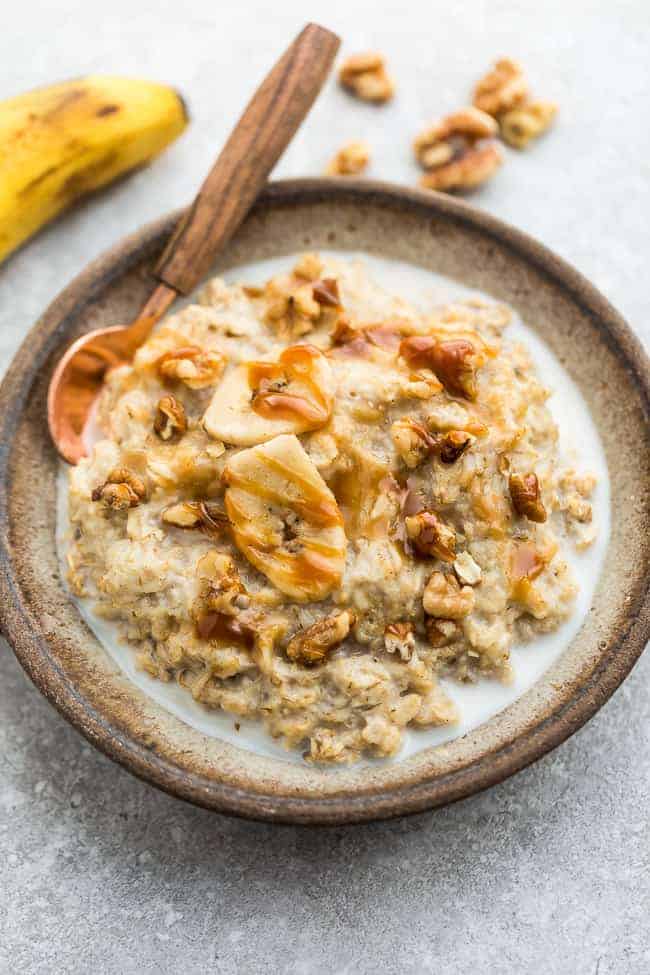 Overhead image of the best banana oatmeal recipe made with oats