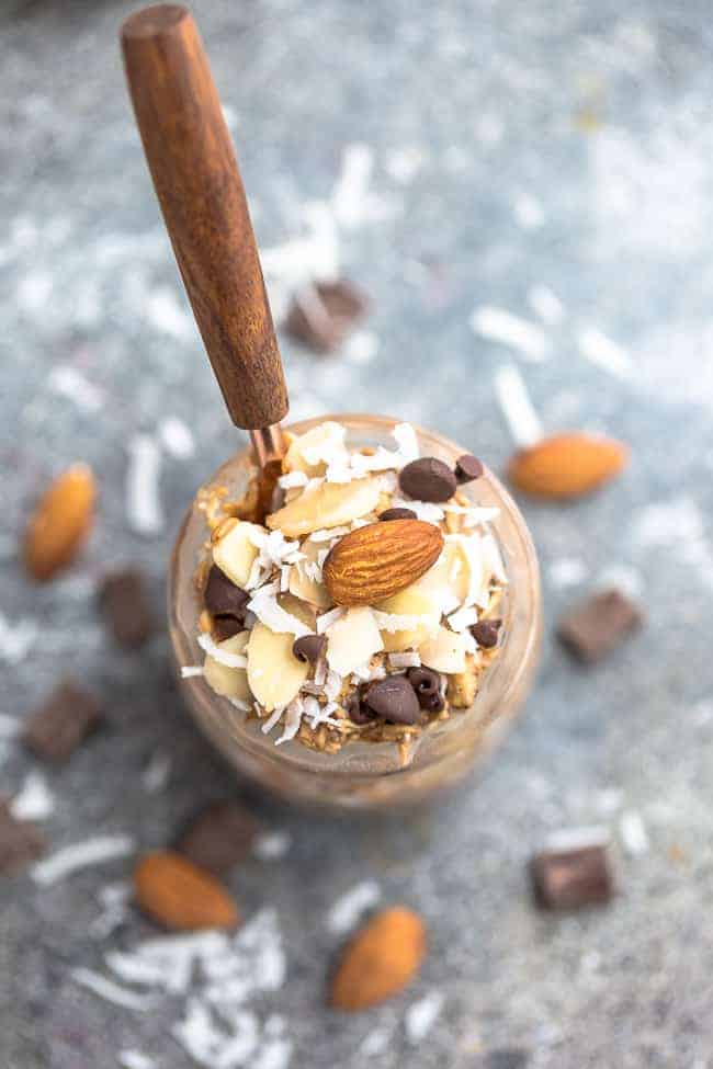 overhead image of the best almond joy overnight oat recipe.