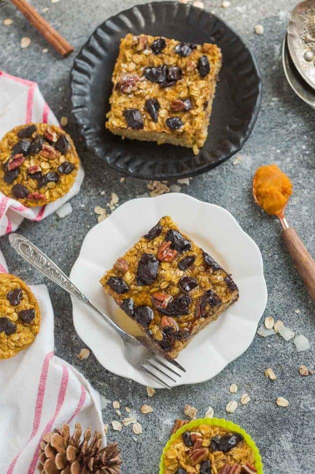 Overhead image of pumpkin and chocolate baked oatmeal with oats.