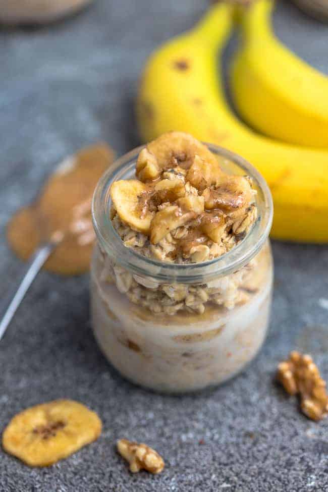 Side view of the best banana nut overnight oat recipe with oats.