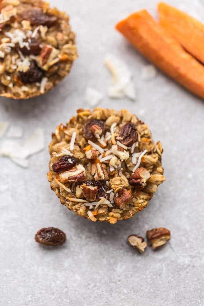 Overhead image of baked oatmeal cups with carrots and coconut.