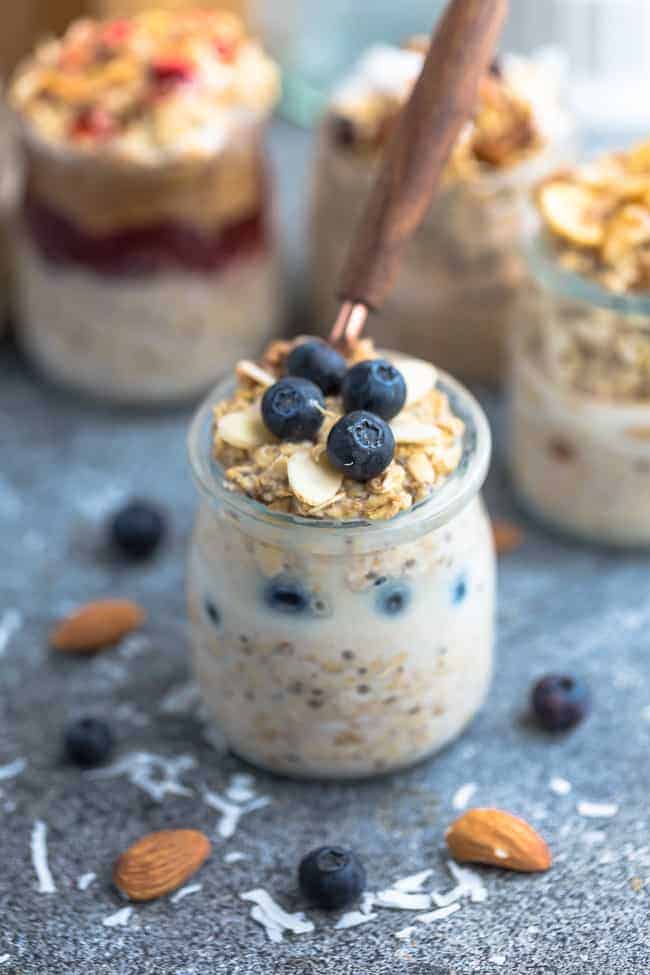Side view of blueberry overnight oats made with fresh blueberries
